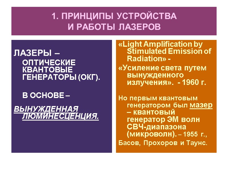 1. ПРИНЦИПЫ УСТРОЙСТВА И РАБОТЫ ЛАЗЕРОВ  ЛАЗЕРЫ –   ОПТИЧЕСКИЕ КВАНТОВЫЕ ГЕНЕРАТОРЫ